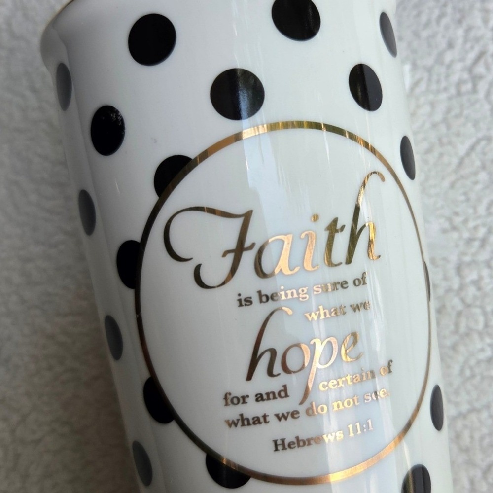Travel Mug Thermal Ceramic Polk Dot White Black Cylinder Faith Scripture Quote